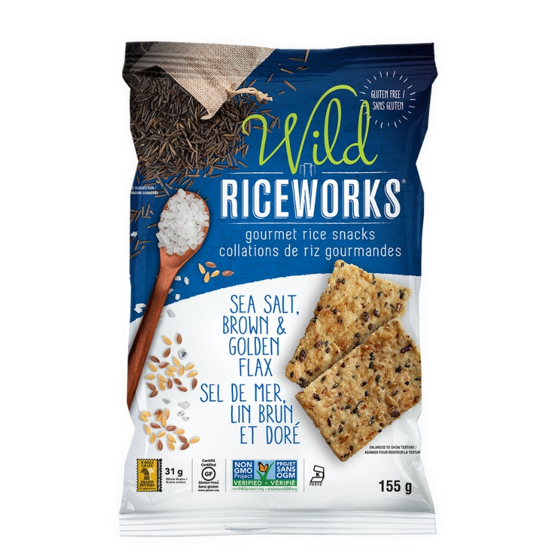 Riceworks Croustilles de riz - Sel de mer, lin brun et doré Rice crisps - Sea salt, brown & goldenb flax