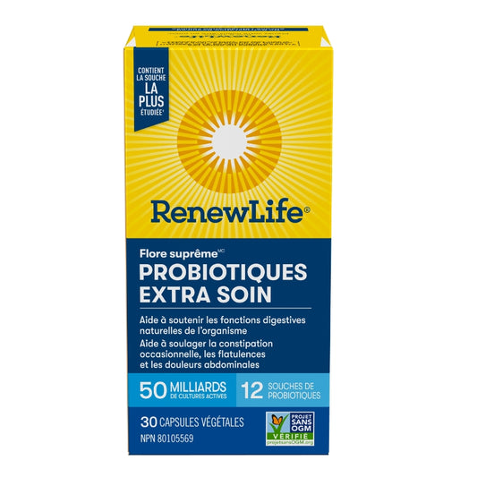 Renew life Flore Suprême Extra Soin, 50 milliards Fonctions digestives Soulage la constipation, les flatulences  les douleurs abdominales.