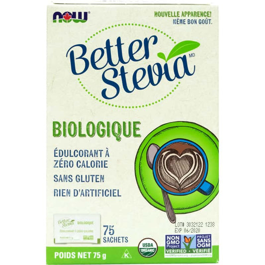 now betterstevia biologique édulcorant à zéro calorie sans gluten rien d'artificiel 75 sachets sans ogm 75 g