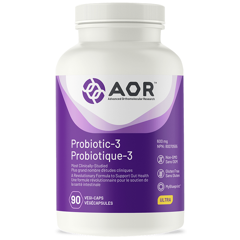 AOR Probiotique 3 600 mg formule révolutionnaire pour le soutient de la santé intestinale sans ogm sans gluten 90 végécapsules