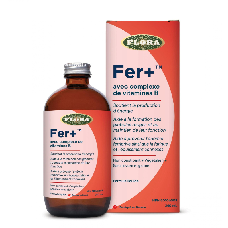 Flora Fer+ avec complexe de vitamines B Soutien la production d'énergie Aide a prévenir l'anémie ferriprive ainsi que la fatigue et l'épuisement connexes Aide à respecter l'apport recom-mandé de fer pendant la grossesse lorsqu'il est pris dans le cadre d'une alimentation saine végétalien sans gluten 240 ml