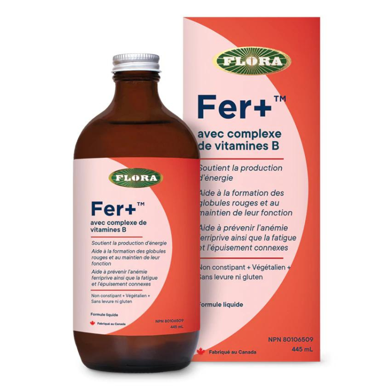 Flora Fer+ avec complexe de vitamines B Soutien la production d'énergie Aide a prévenir l'anémie ferriprive ainsi que la fatigue et l'épuisement connexes Aide à respecter l'apport recom-mandé de fer pendant la grossesse lorsqu'il est pris dans le cadre d'une alimentation saine végétalien sans gluten 445 ml