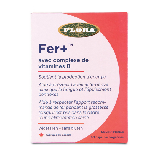 Flora Fer+ avec complexe de vitamines B Soutien la production d'énergie Aide a prévenir l'anémie ferriprive ainsi que la fatigue et l'épuisement connexes Aide à respecter l'apport recom-mandé de fer pendant la grossesse lorsqu'il est pris dans le cadre d'une alimentation saine végétalien sans gluten 60 capsules