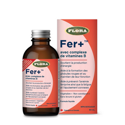 Flora Fer+ avec complexe de vitamines B Soutien la production d'énergie Aide a prévenir l'anémie ferriprive ainsi que la fatigue et l'épuisement connexes Aide à respecter l'apport recom-mandé de fer pendant la grossesse lorsqu'il est pris dans le cadre d'une alimentation saine végétalien sans gluten 80 ml