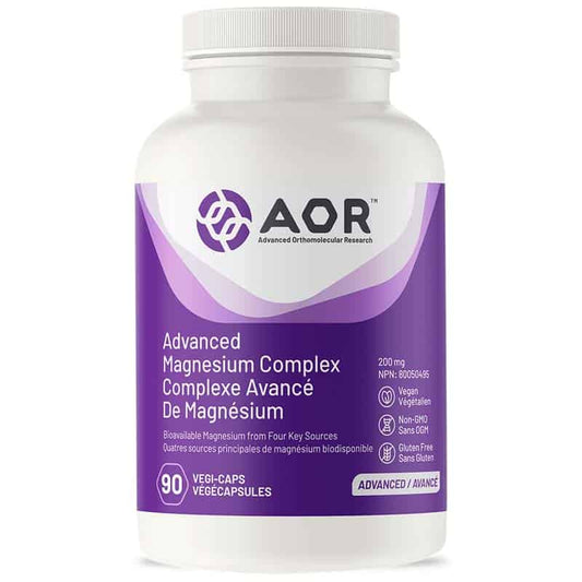 AOR Complexe avancé de magnésium 200 mg quatres sources principales de magnésium biodisponible végétalien sans ogm sans gluten 90 végécapsules
