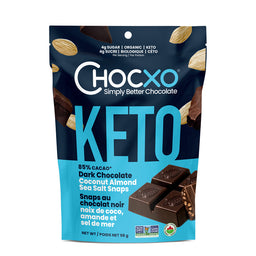 chocxo cétogène chocolat 85% cacao noix de coco amandes sans gluten sel de mer 4g sucre biologique