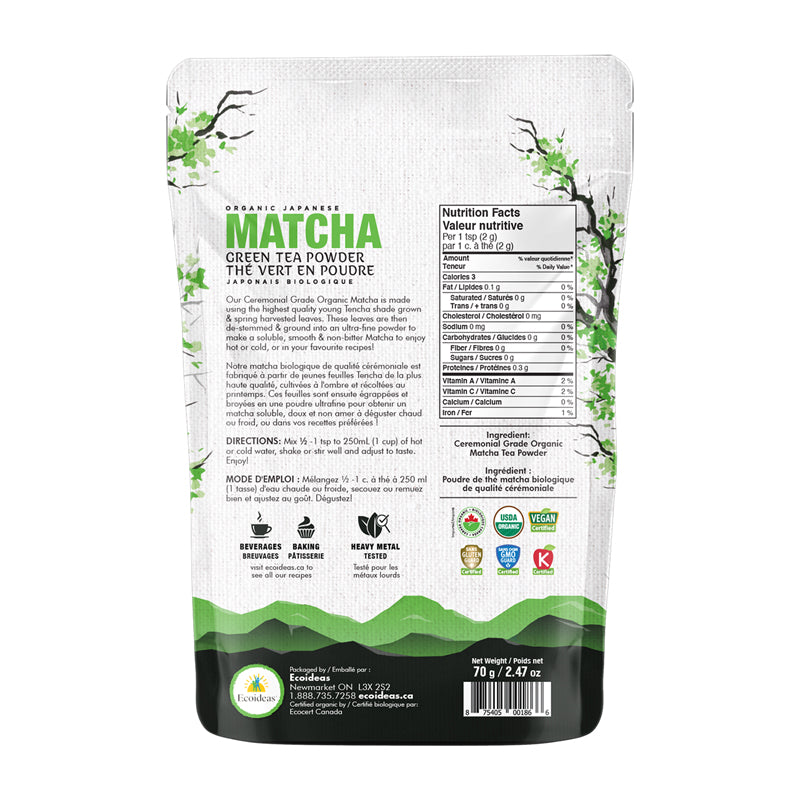 Ecoideas poudre de thé vert matcha japonais biologique qualité cérémoniale doux et sans amertume 70g