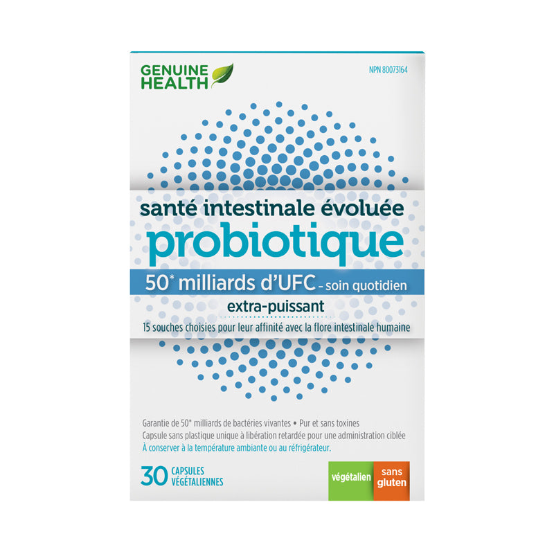 Genuine Health probiotique santé intestinale évoluée 50 milliards d'ufc soin quotidien extra puissant végétalien sans gluten 30 capsules végétaliennes