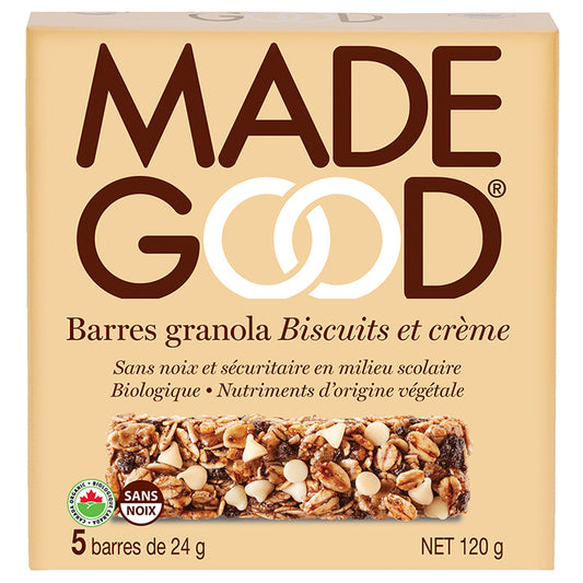 made good barres granola biscuits et crème sans noix sécuritaire milieu scolaire biologique nutriments origine végétale sans nois 5 barres 24 g net 120 g