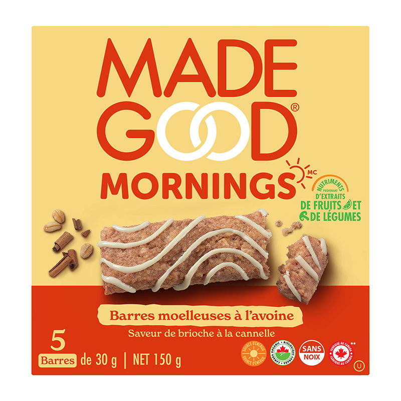 made good mornings nutriments extraits fruits et légumes barres moelleuses avoine saveur brioche cannelle sans noix 5 barres 30 g net 150 g