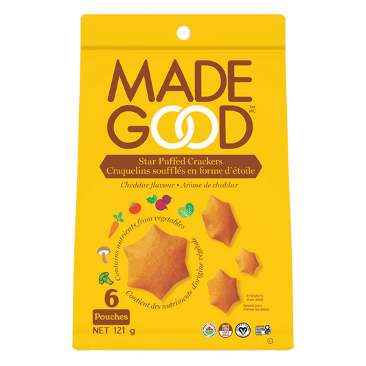 made good craquelins soufflés forme étoile sans gluten biologique arôme de cheddar contient nutriments origine végétale sans ogm 121 g