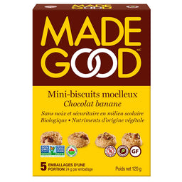 made good mini-biscuits moelleux chocolat banane sans noix sécuritaire milieu scolaire biologique nutriments origine végétale sans ogm sans gluten 5 emballages portion 24 g net 120 g