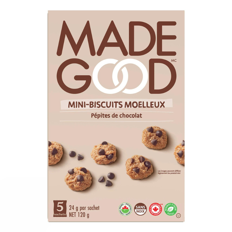 made good mini-biscuits moelleux grains chocolat sans noix sécuritaire milieu scolaire biologique nutriments origine végétale sans ogm sans gluten 5 emballages portion 24 g net 120 g