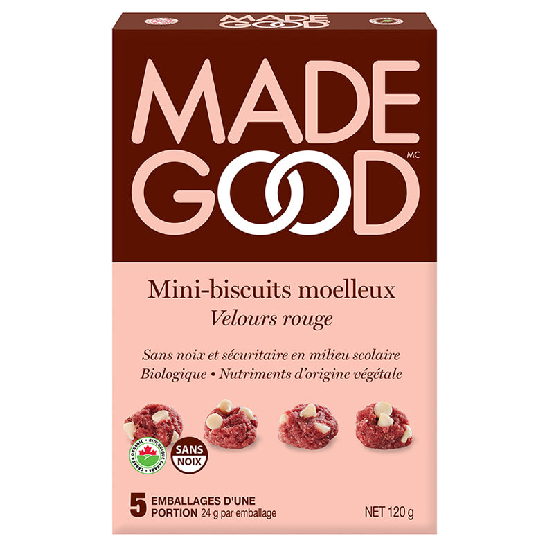 made good mini-biscuits moelleux velours rouge sans noix sécuritaire milieu scolaire biologique nutriments origine végétale 5 emballages portion 24 g net 120 g
