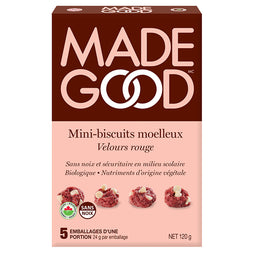 made good mini-biscuits moelleux velours rouge sans noix sécuritaire milieu scolaire biologique nutriments origine végétale 5 emballages portion 24 g net 120 g