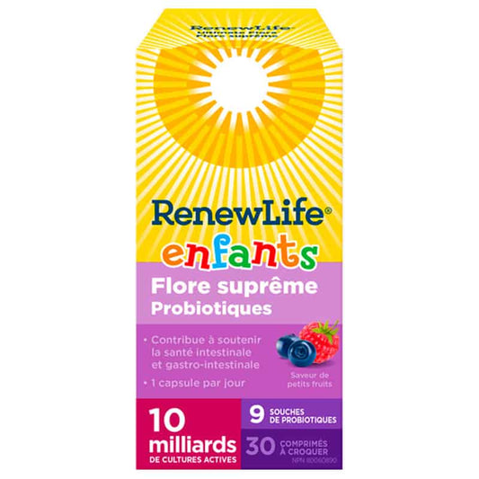 renewlife enfants flore suprême probiotiques contribue soutenir santé intestinale et gastro-intestinale 1 capsule par jour 10 milliards cultures actives 9 souches probiotiques 30 comprimés à croquer